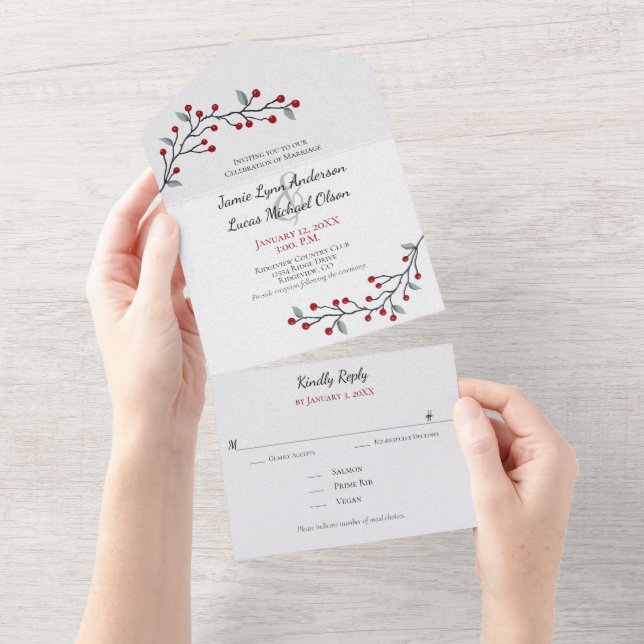 Invitación Todo En Uno Sencillamente Elegante Berries Rojas De Invierno (desgarro)