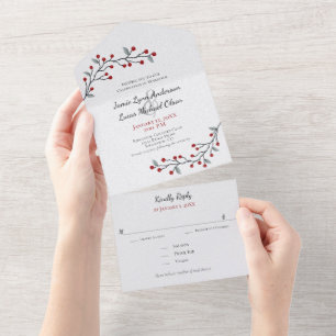 Invitación Todo En Uno Sencillamente Elegante Berries Rojas De Invierno