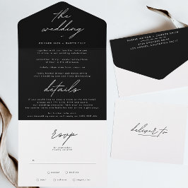 Invitación Todo En Uno Sencillamente elegante negro sobre Boda blanco