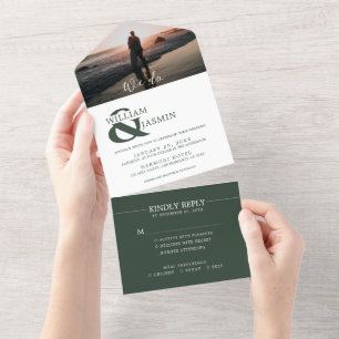 Invitación Todo En Uno Sencillamente elegante verde oscuro en Boda fotogr