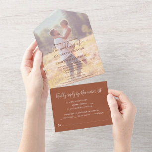 Invitación Todo En Uno Sencillo Boda de Terracota Fotográfico Elegante