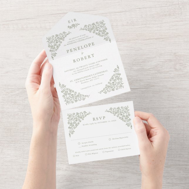 Invitación Todo En Uno Sencillo Boda Verde Floral Timeless Floral (desgarro)