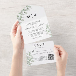 Invitación Todo En Uno Sencillo código QR de monograma mínimo de vegetaci