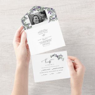 Invitación Todo En Uno Sencillo Eucalipto y Lavanda Dos Fotos Boda Al