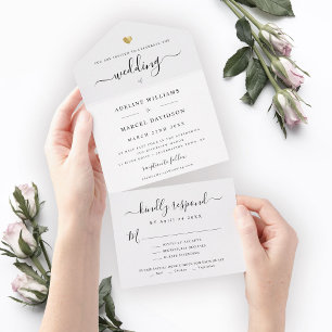Invitación Todo En Uno Sencillo guión elegante Boda de corazón dorado mín