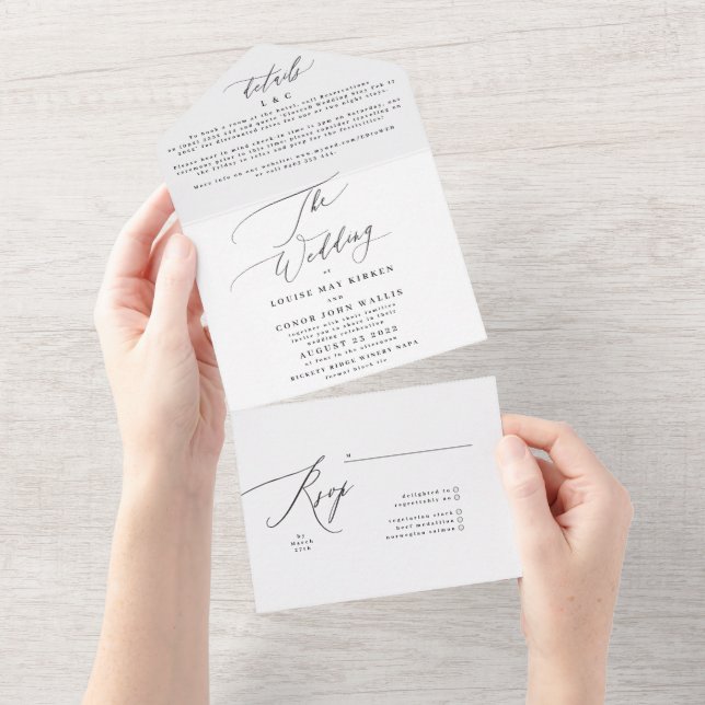 Invitación Todo En Uno Sencillo negro elegante sobre Boda blanco (desgarro)