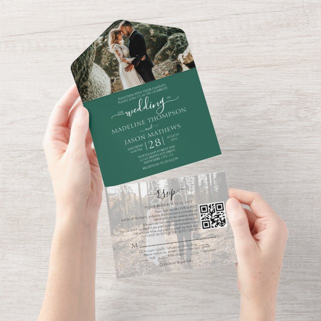 Invitación Todo En Uno Sencillo verde Emergente 2 Foto Código QR Boda RSV (desgarro)