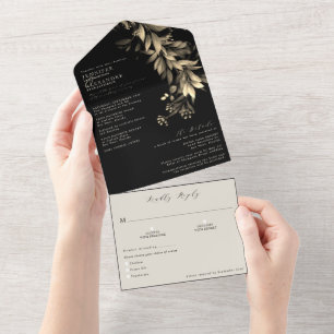 Invitación Todo En Uno Sencillo Verde Oscuro Negro y Beige para Boda