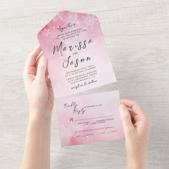 Invitación Todo En Uno Sencillos y elegantes copos de nieve y Boda rosa (desgarro)