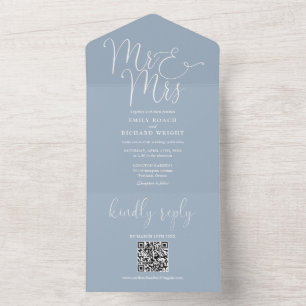 Invitación Todo En Uno Señor y Señora Código QR Azul Polvoriento Boda Mod