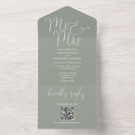 Invitación Todo En Uno Señor y Señora Código QR Verde Menta Boda Moderna