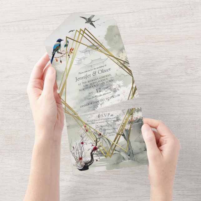 Invitación Todo En Uno Serene Tranquilidad tema japonés (desgarro)