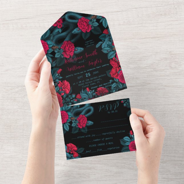 Invitación Todo En Uno Serpientes y rosas rojas en negro todo en un invit (desgarro)