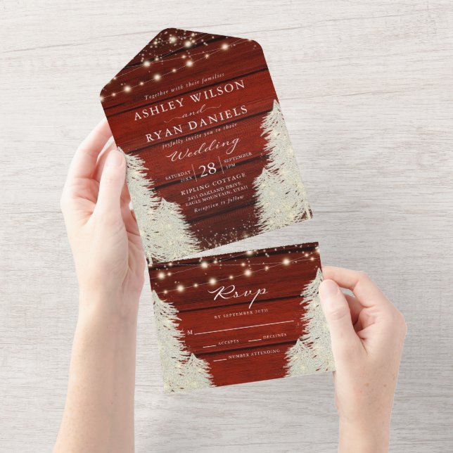 Invitación Todo En Uno Shimmer Rustic Wood String Lights Tree Boda (desgarro)