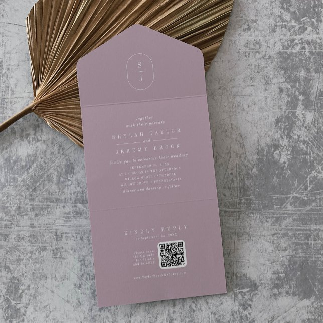 Invitación Todo En Uno SHYLAH Código QR Mauve Lilac Boda simple moderno (SHYLAH QR Code Mauve Lilac Simple Modern Wedding All In One Invitation)