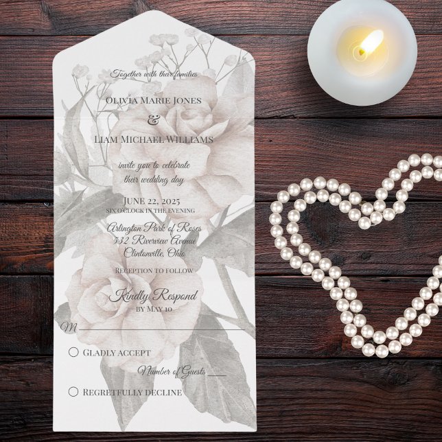 Invitación Todo En Uno Silhouette de la rosa blanca (Also available with QR code or with dinner options. )