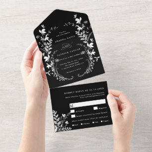 Invitación Todo En Uno Silhouette White Wildflower Wreath Boda Black
