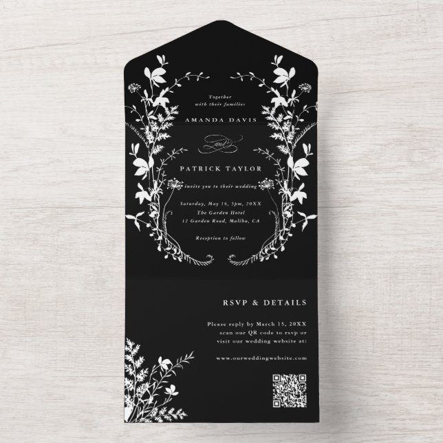 Invitación Todo En Uno Silhouette White Wildflower Wreath Boda Black (Interior)