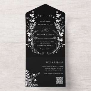 Invitación Todo En Uno Silhouette White Wildflower Wreath Boda Black