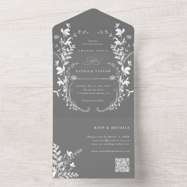 Invitación Todo En Uno Silhouette White Wildflower Wreath Boda Gray (Interior)