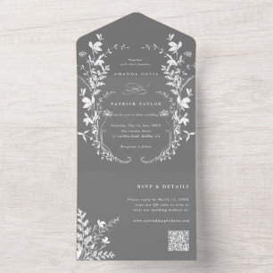 Invitación Todo En Uno Silhouette White Wildflower Wreath Boda Gray