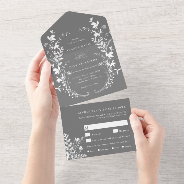 Invitación Todo En Uno Silhouette White Wildflower Wreath Boda Gray (desgarro)