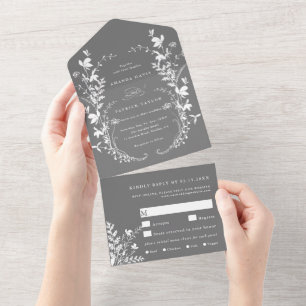 Invitación Todo En Uno Silhouette White Wildflower Wreath Boda Gray