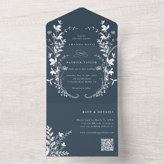 Invitación Todo En Uno Silhouette White Wildflower Wreath Boda Navy (Interior)