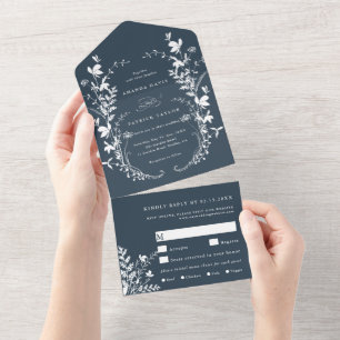 Invitación Todo En Uno Silhouette White Wildflower Wreath Boda Navy
