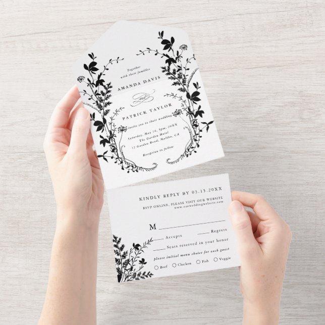 Invitación Todo En Uno Silhouette Wildflower Wreath Boda Negro y Blanco (desgarro)