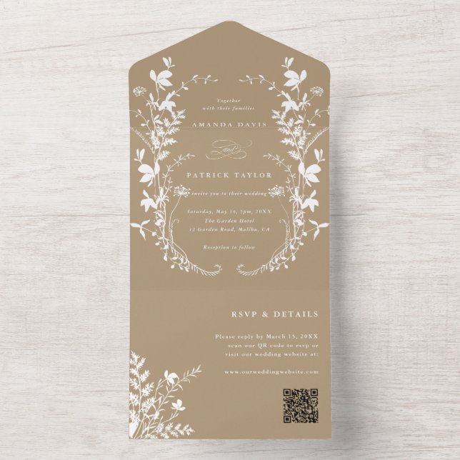 Invitación Todo En Uno Silhouette Wreath Boda Tan (Interior)