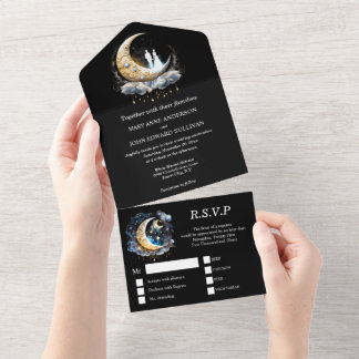 Invitación Todo En Uno Silueta celestial de la pareja de novias de luna c