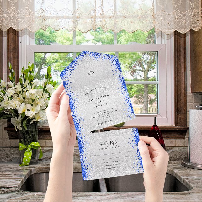 Invitación Todo En Uno Silver royal blue confetti modern wedding (Subido por el creador)