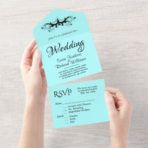 Invitación Todo En Uno Simple Aqua y Tri negro Fold w Rsvp Boda