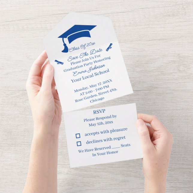 Invitación Todo En Uno Simple Azul Personalizado Guardar La Fecha (desgarro)