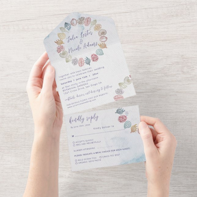 Invitación Todo En Uno Simple Beach Ocean Seashell Wreath Boda (desgarro)