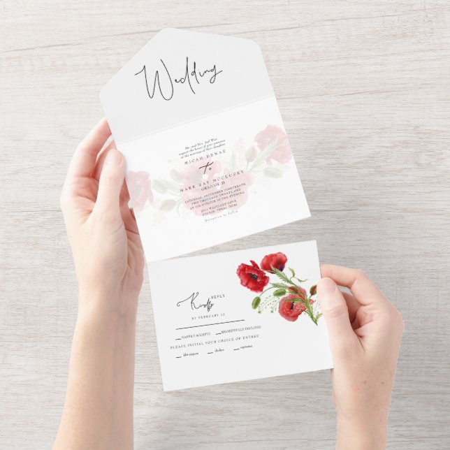 Invitación Todo En Uno Simple Boda de Invierno con Flores Rojas (desgarro)