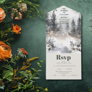 Invitación Todo En Uno Simple Boda de Invierno de Pino de Montaña