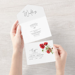Invitación Todo En Uno Simple Boda de Invierno Floral Roja II