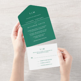 Invitación Todo En Uno Simple Boda Elegante Monograma Verde Esmeralda