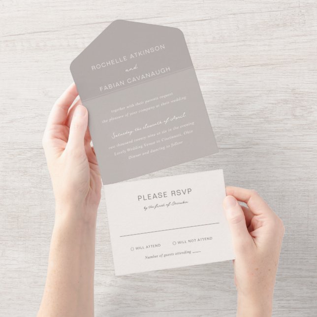 Invitación Todo En Uno Simple Boda Elegante Taupe (desgarro)