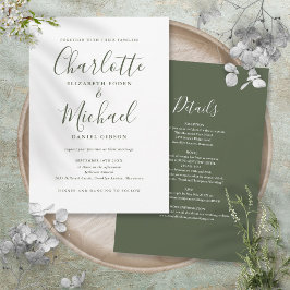 Invitación Todo En Uno Simple Boda Script Verdoso Oliva