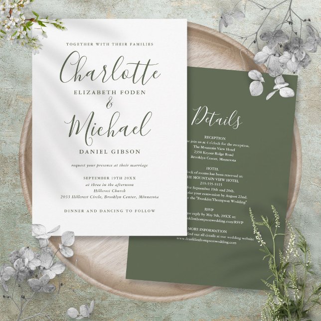 Invitación Todo En Uno Simple Boda Script Verdoso Oliva (All In One Simple Olive Green Script Wedding Invitation)