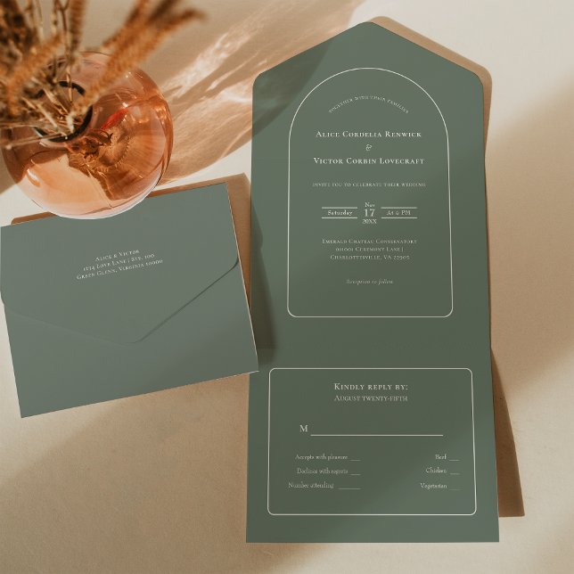 Invitación Todo En Uno Simple Boho Arch Sage Boda Verde RSVP (Subido por el creador)