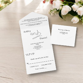 Invitación Todo En Uno Simple Caligrafía Blanca Y Negro Elegante Boda