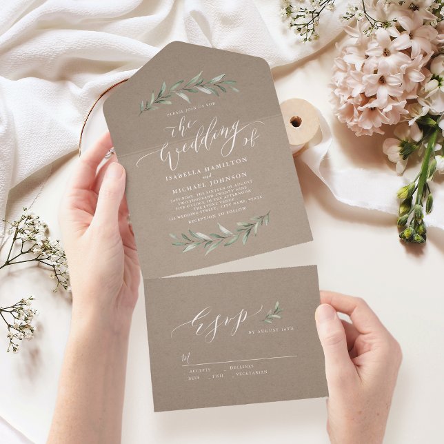 Invitación Todo En Uno Simple caligrafía kraft rústico boda de la vegetac (Simple calligraphy kraft rustic greenery wedding all in one invitation)
