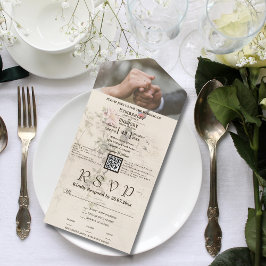 Invitación Todo En Uno Simple Cream Marfil Floral Mariposa QR Código Foto