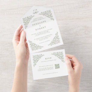 Invitación Todo En Uno Simple Delicado Floral QR Código Sage Boda Verde