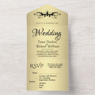 Invitación Todo En Uno Simple Gold y Black Tri Fold w Rsvp Boda
