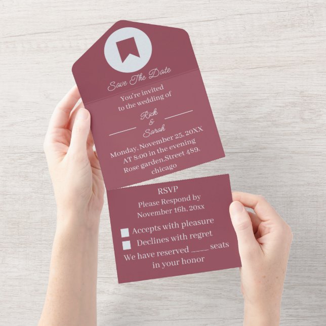 Invitación Todo En Uno Simple Maroon Personalizado Guardar La Fecha (desgarro)